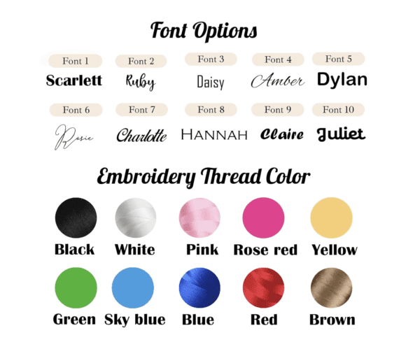 A table with different colors of thread and font options.